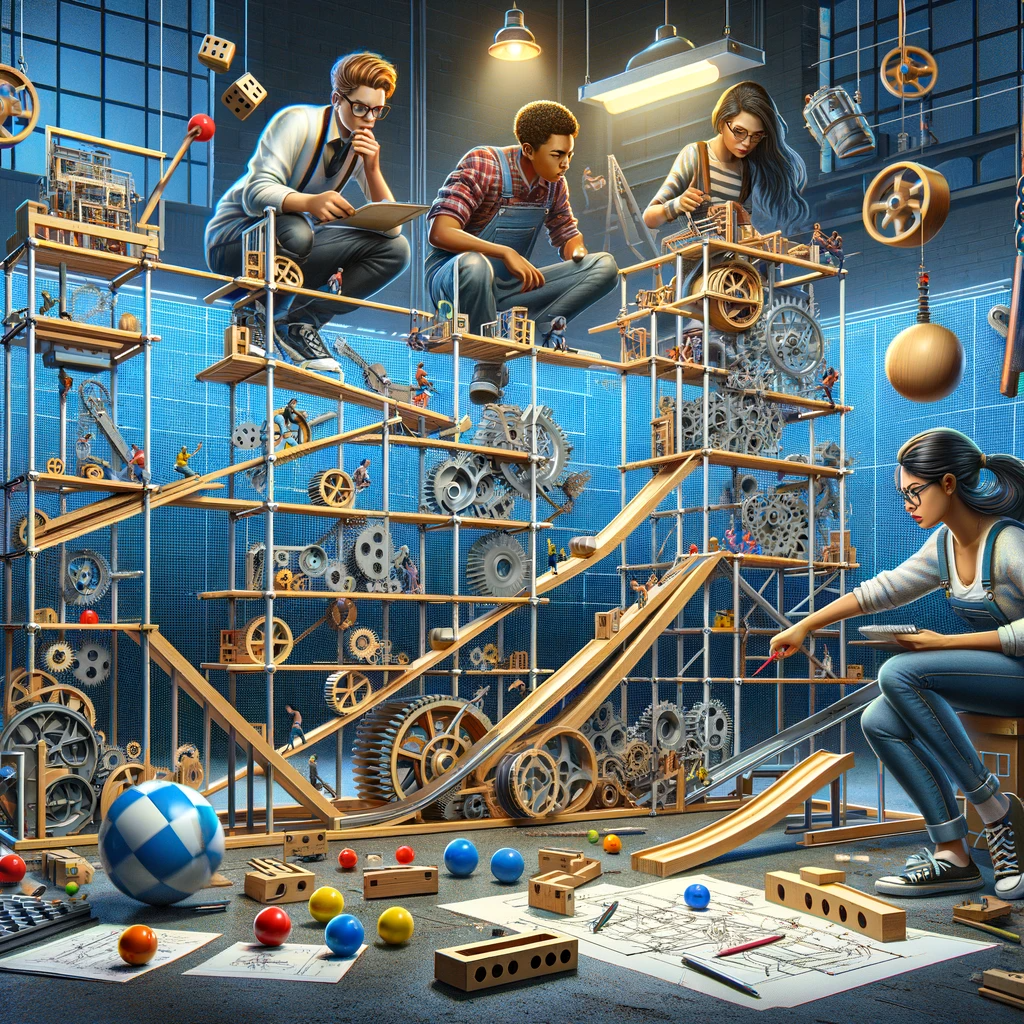 A dynamic scene featuring a diverse group of three students, including both male and female, working frantically on a complex Rube Goldberg machine